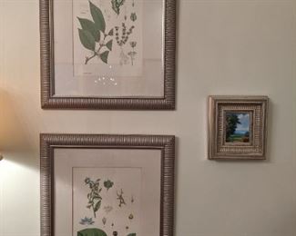 Two of a set of four nicely framed/matted botanical prints and small, hand painted oil on canvas. 