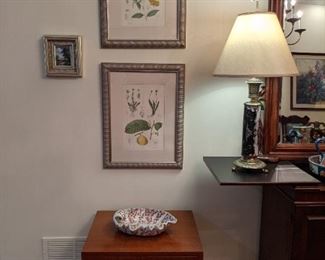 The other pair of nicely framed/matted botanical prints, small hand-painted oil on canvas and vintage MCM single-drawer chest.