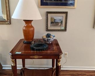 Original pastel, nicely framed/matted, Egyptian revival inlaid wood/bronze mount center table, blue/white porcelain bowl, with porcelain fruit and vintage green marble ashtray, with brass rams. 