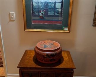 Vintage Asian banded wood chest, hand-painted Asian box and original framed/matted fabric artwork.