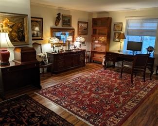 Complete 5-piece mahogany office system, by Sligh (Lexington Home Brands) and "Regency" leather armchair, by Hickory Chair.