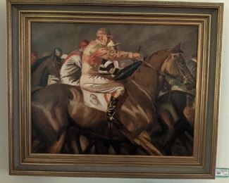 Nicely framed original oil on canvas, by R. Hudson, "Jockeys" in the style of Sir Alfred Munnings. 