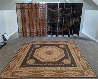 Hand-woven wool Aubusson rug, measures 8 1/2' square, 8-panel vintage Japanese teak room divider and 6-panel  