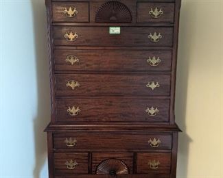 GORGEOUS vintage solid mahogany two-piece highboy, with original brass pulls by White Furniture Co., Mebane, NC. 