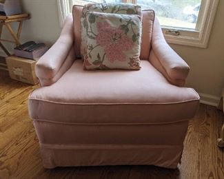 Nicely upholstered slipper chair, with pair of floral pillows.