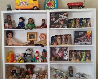 Vintage Star Wars toys, Mattel Barbie van, stuffed animals and games.