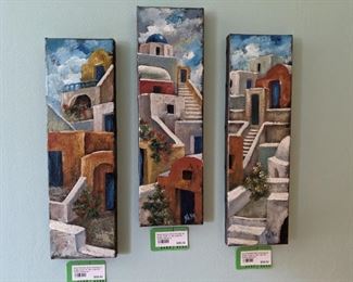 Triptych of original oils on canvas, by Greek artist, Naj Na, purchased at the Lyda Art Gallery, Santorini 