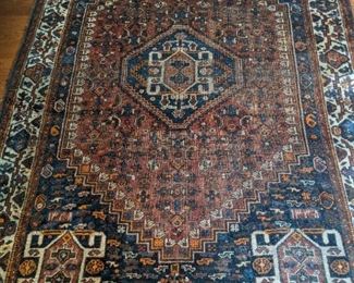 Vintage Persian Qashqai rug, hand-woven, 100% wool face, measures 5" 9" x 6' 7". 