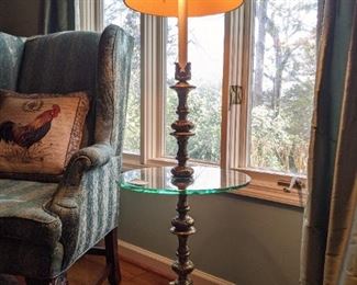 Wonderful vintage brass floor lamp, with double light bulbs round glass drink holder, wooden base - all the right things!