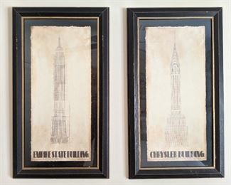 Pair of nicely framed/matted iconic prints of the Empire State Building & the Chrysler Building, NYC.
