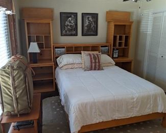 Nice  queen size bedroom set, with a great marriage  of contemporary and MCM blonde wood furniture. The mattress is brand new and quite firm.                              Above the bed, a pair of nicely framed photographs of Ugolino and His Sons - a marble sculpture of Ugolino made by Jean-Baptiste Carpeaux in Paris during the 1860's.
