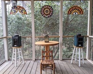 Small maple table, from Storehouse (Lenox Square) pair of matching stools, vintage child's chair, pair of vintage metal/glass coffee tins and triptych of hanging stained glass panels.