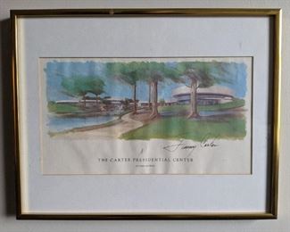 Nicely framed watercolor print of the Carter Presidential Library, signed by JIMMY CARTER!
