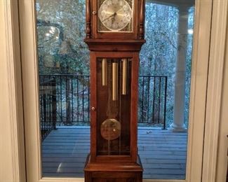 30-day Ridgeway grandfather clock, in mahogany case, with chime.