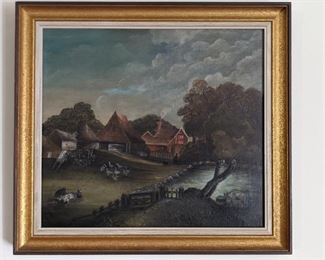Nicely framed original oil on canvas, pastoral farm scene.