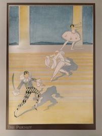 Vintage lithograph on silver metallic paper, by Phyllis Emmerson, "The Pursuit”.