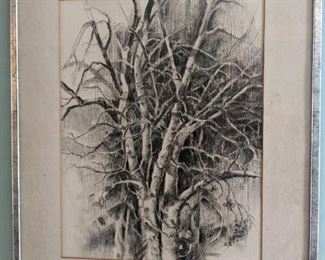 Nicely framed/matted original charcoal on paper, *Winter Pear Tree*, by Marietta artist, Helen Schneeberger; 1923 - 2018.