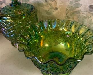 Green iridescent carnival glass, ruffled bowl and candy dish with lid. 