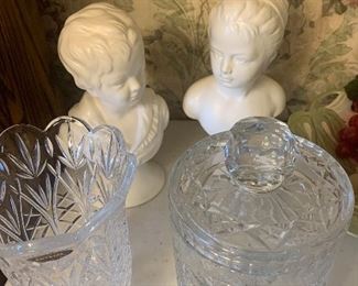 Japan Busts, 10”. Crystal vase and biscuit jar. 