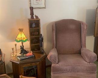 Tiffany style table lamps, 2 mauve wing back chairs, Hickory Inns.  
