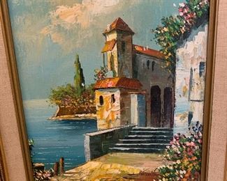 Rossini Mediterranean Oil Painting appx 12” w/o frame. 
