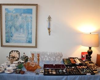 TEACUPS, CHINA, STEMWARE, COSTUME JEWELRY, LAMP