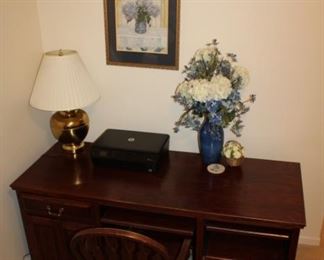 DESK, DESK CHAIR, PRINTER, LAMP