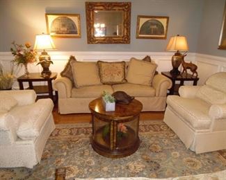 Living Room Grouping, Upholstered Sofa & 2 Arm Chairs Really comfortable, Coffee Table, 2 End Tables, Rug
