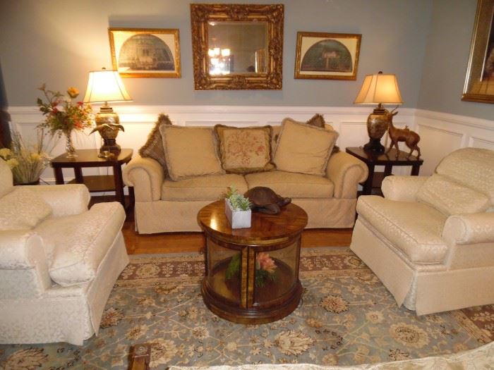 Living Room Grouping, Upholstered Sofa & 2 Arm Chairs  Really comfortable, Coffee Table,  2 End Tables, Rug