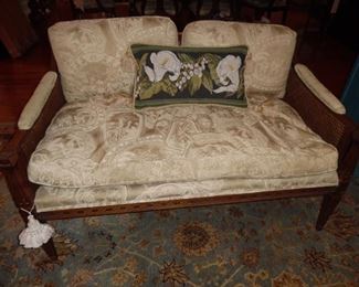 Wood Frame Love Seat, Long Seat Cushion, 2 Back Cushions.