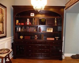 Large Display Cabinet. Upper Open Shelves, Lower Drawers & Cabinets.  Dark Wood