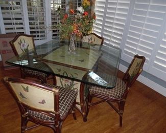 Dinette Set.  Very heavy Glass Top, Painted Base with Flowers & Butterflies