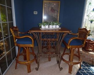 Cane High Bar Set.  Iron Base Table with Wood Top. 3 Matching Bar Stools