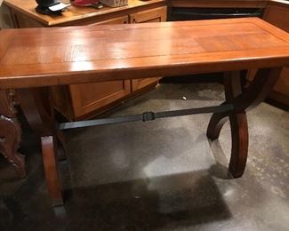 Vintage sturdy wooden sofa table, metal accents