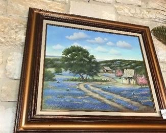 Blue bonnets! Large framed  oil on canvas