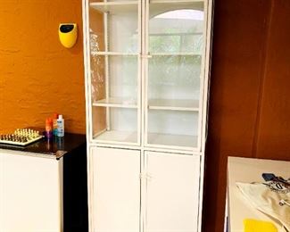 Crate and Barrel White glass/metal  tall cabinet