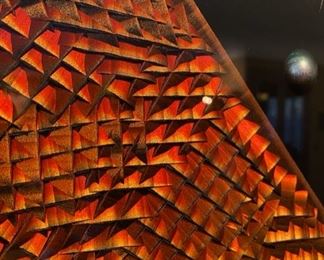 Large collection of Original Plexiglass art works by local artist Richard “Dick” T. Brewer.  Each piece is carved with a 21,000 RPM die grinder to mine abstract images, and the wall hanging pieces are finished with automobile lacquer.  This piece is framed 48”W x 29”T