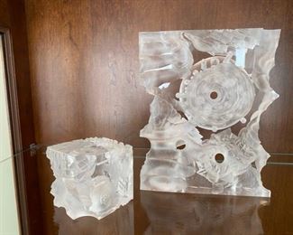 Large collection of Original Plexiglass art works by local artist Richard “Dick” T. Brewer.  Each piece is carved with a 21,000 RPM die grinder to mine abstract images, and the wall hanging pieces are finished with automobile lacquer.  The “cube” is a 2 1/2” square, and the taller piece is 7”Tx6”W