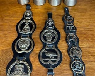 Antique Brass Horse Medallions and set of 4 mounted Brass Horse Harness Bells