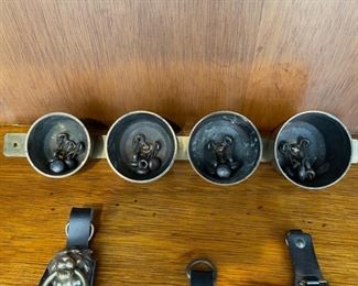 Antique Brass Horse Medallions and set of 4 mounted Brass Horse Harness Bells