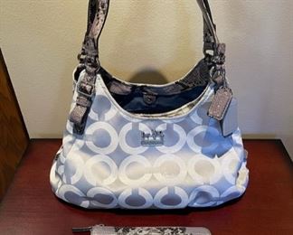 Very nice selection of newer Coach handbags and wallets, including this “Maggie” Optic Silver model