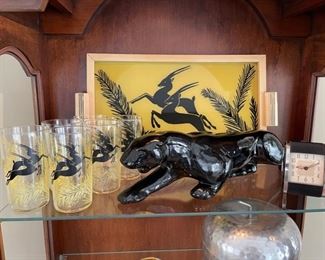 Vintage Haeger black panther and Art Deco Gazelle glassware with coordinating serving tray