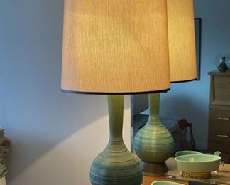 Vintage Mid Century 36” tall turquoise and gold ceramic table lamp