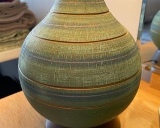 Vintage Mid Century 36” tall turquoise and gold ceramic table lamp