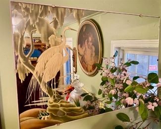 1950s Vintage Mid Century Modern Turner Flamingo Print Mirror Frame