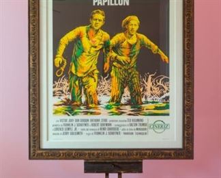 1973 - PAPILLON - Italian Movie Poster - starring STEVE MCQUEEN & DUSTIN HOFFMAN. Room & tripod may show in photo and are not actually on artwork.  Artwork under mat board is larger than what is visible. Visible artwork measures 38 ⅝" x 54 ⅜".  Framed measures 51 ⅜ x 67". 