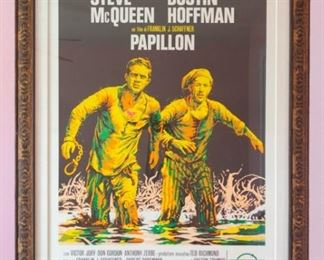1973 - PAPILLON - Italian Movie Poster - starring STEVE MCQUEEN & DUSTIN HOFFMAN. Room & tripod may show in photo and are not actually on artwork. Artwork under mat board is larger than what is visible. Visible artwork measures 38 ⅝" x 54 ⅜".  Framed measures 51 ⅜ x 67". 