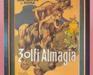 Vintage Zolfi Almagia, Raffinerie Almagia poster. Marked 95/100. 1950's reprint of famous 1909 AD advertisement.  Artwork under mat board is larger than what is visible. Visible artwork measures  38 ⅝" x 54 ⅜". Framed artwork measures 51 ¼" x 67".  Artist: Adolfo Hohenstein
