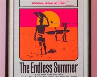 The Endless Summer movie poster.  Artwork under mat board is larger than what is visible. Visible artwork measures 24" x 36". Frame measures 30" x 42". The search for the perfect wave. Filmed in Africa, Australia, New Zealand, Tahiti, Hawaii & California.