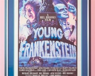 1974 Young Frankenstein movie poster, Style B. 74/249. NOTE: Tripod reflection in photo. Professionally framed by Sherman Gallery, Venice, California.  Artwork under mat board is larger than what is visible. Visible artwork measures 26 ¾ x 40  ¾”. Frame measures  34 ¾ x 48 ¾. Starring Gene Wilder & Peter Boyle. Cult-classic film directed by Mel Brooks. 